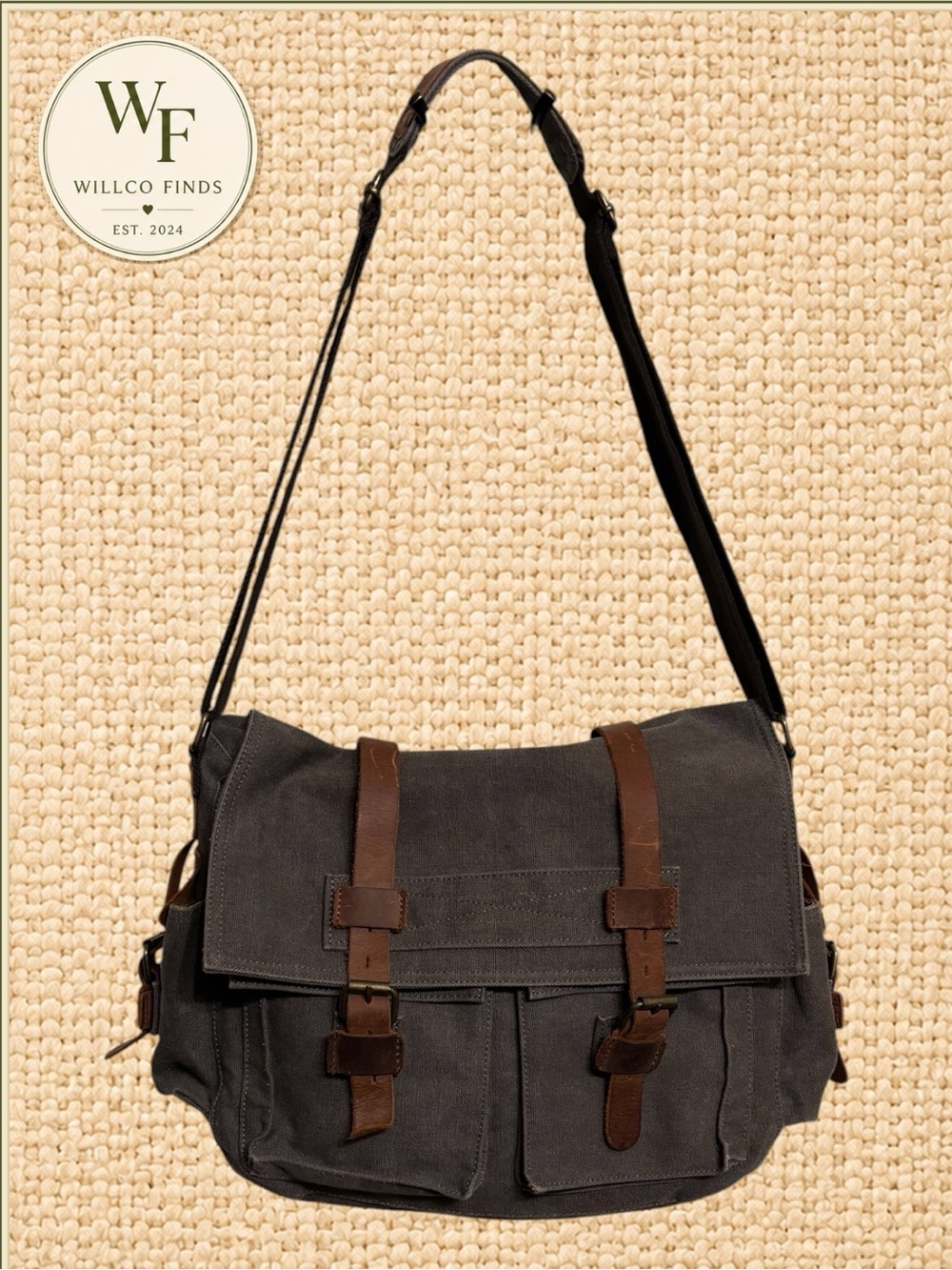 Gray Waxed Canvas Brown Leather Messenger Laptop Satchel Bag